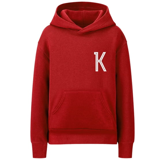 Daxton Youth Unisex Pullover Red Hoodie Mid-Weight Fleece Sweater Custom White Numbers and Letters, K, XS