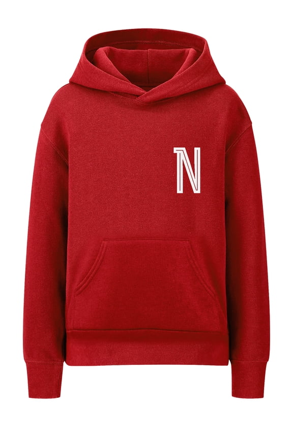 Youth Unisex Pullover Red Hoodie Mid-Weight Fleece Sweater Custom White Numbers and Letters, N, XS