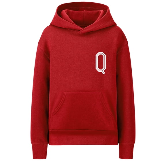 Daxton Youth Unisex Pullover Red Hoodie Mid-Weight Fleece Sweater Custom White Numbers and Letters, Q, S