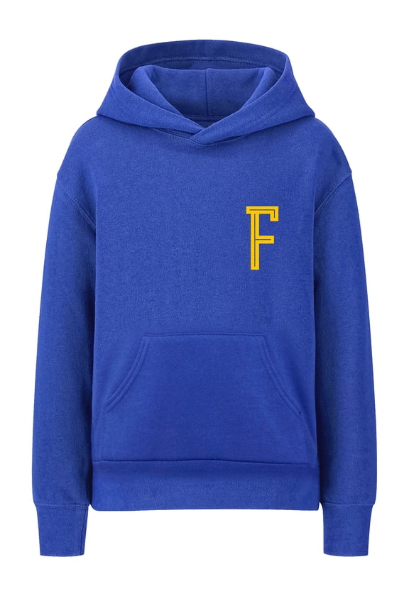 Youth Unisex Pullover Royal Hoodie Mid-Weight Fleece Sweater Custom Gold Numbers and Letters, F, L