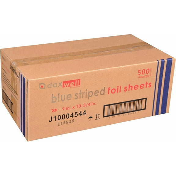 Daxwell Aluminum Foil Sheets, Interfolded, 9" x 10.75" Silver with Blue Stripes (Case of 3,000 Sheets; 6 Boxes of 500)