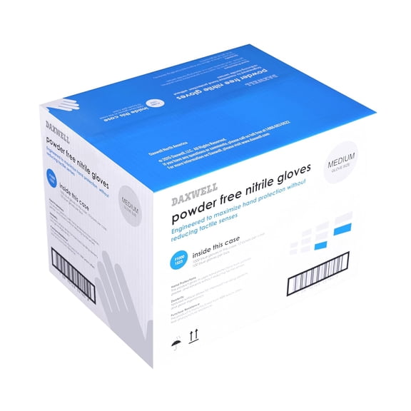 Daxwell Nitrile Gloves, Powder Free, Medium, Blue, F10001523 (Case of 1,000, 10 Boxes of 100)