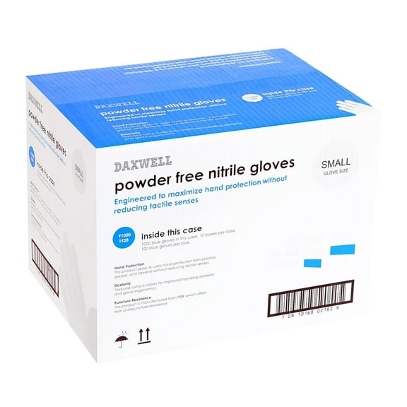 Daxwell Nitrile Gloves, Powder Free, Small, Blue, F10001528 (Case of 1,000, 10 Boxes of 100)