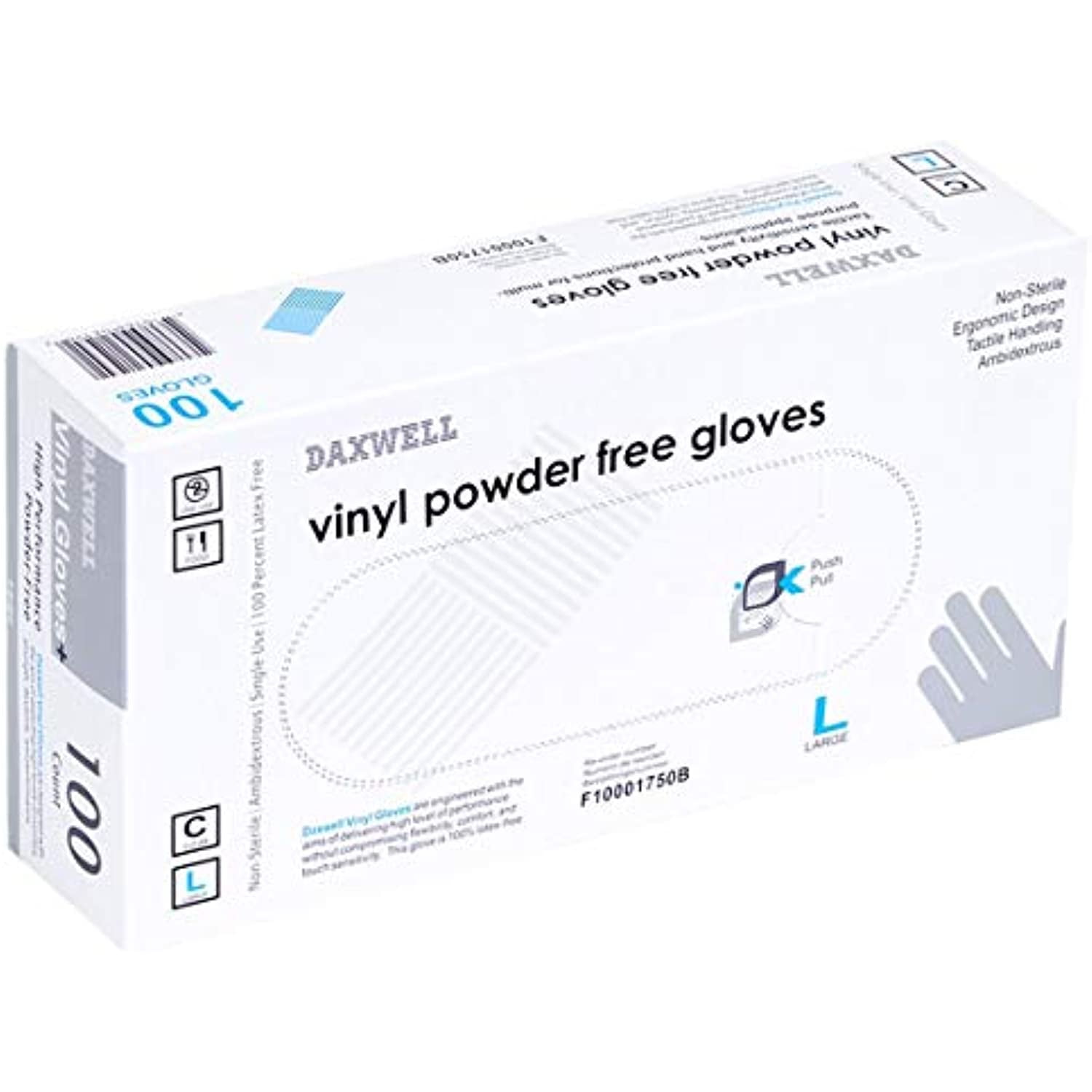 Daxwell Vinyl Gloves, Powder Free, Large, Clear, F10001750b (Box Of 100)
