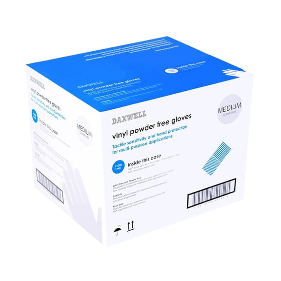 Daxwell Vinyl Gloves, Powder Free, Medium, Clear, F10001748 (Case of 1,000, 10 Boxes of 100)