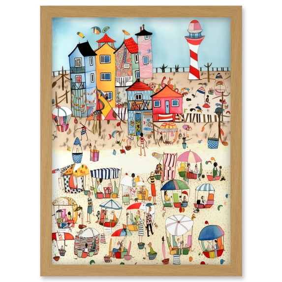 Day At The Seaside Abstract Folk Art Artwork Framed Wall Art Print A4