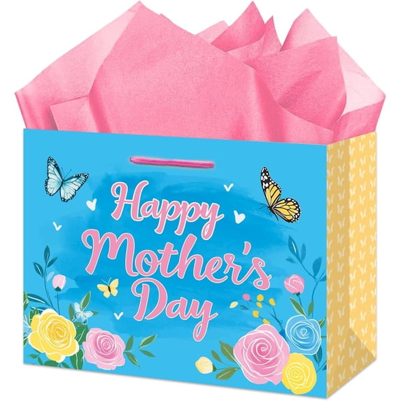 Day Bag for Mom 13" Large Floral Mother's Day Paper Bag with Tissue Paper and Handles Horizontal Happy Mother's Day Wrap Bags for Mom Grandma Sister Wife Party Decorations