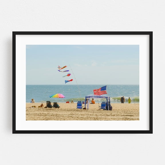 A Day at the Beach 02 - Ocean City Maryland Photography Beach Summer Patriotic Seaside Coastal Ocean Scenic Black Framed Wall Art Print 20 x 30 inches