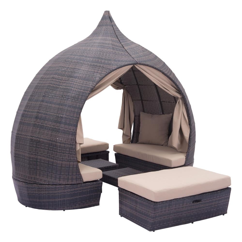 Brown and Beige Aluminum Wicker Outdoor Day Bed Lounge Chair