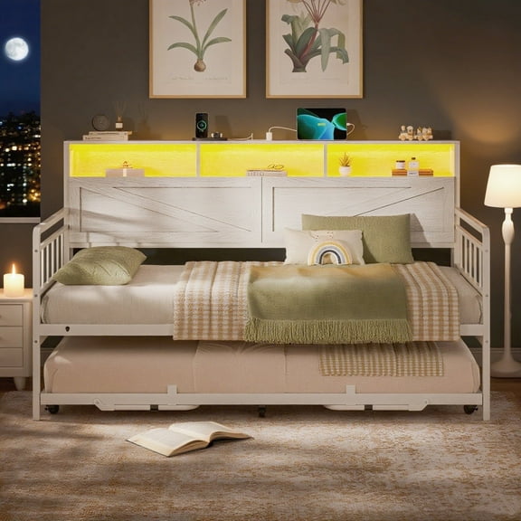 Daybed with Pop Up Trundle, Wood LED Twin to King Day Bed Frame with Bookcase Hidden Storage Headboard & Charging Station, Sturdy Metal Sofa Corner Bed Frame for Living Room/Bedroom/Guest Room, White