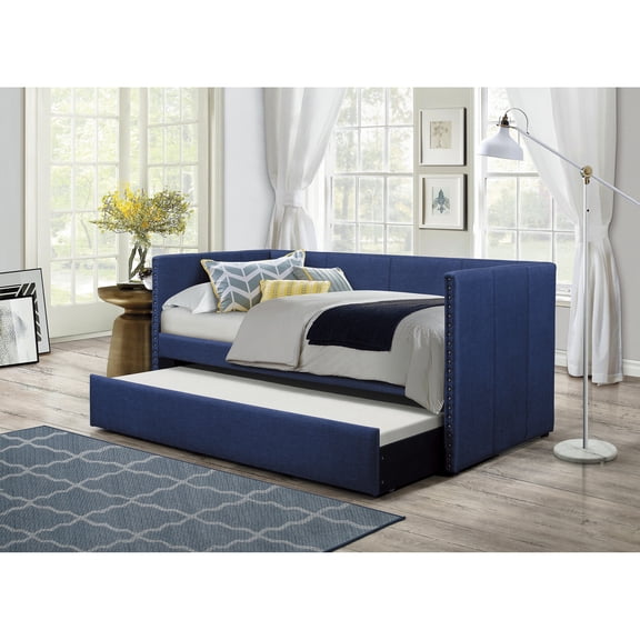 Day Bed With Blue Upholstery, Nailhead Trim, And Pull-out Trundle Wood Support Upholstered Daybed Engineered Frame
