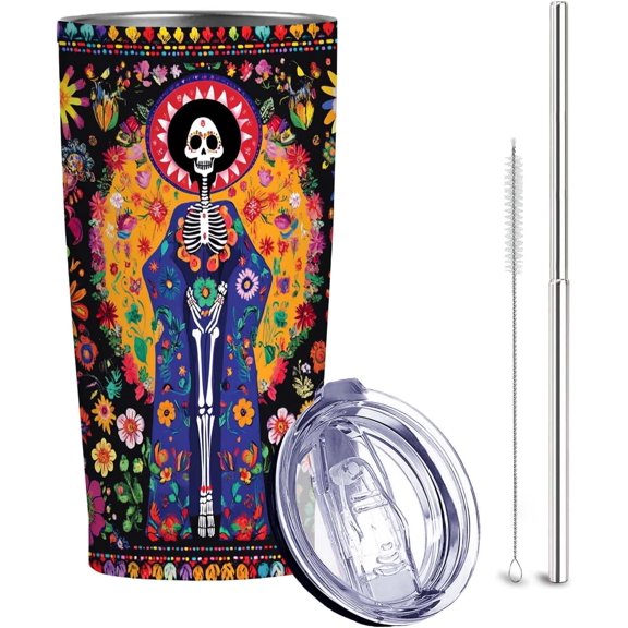 Day of the Dead 20 oz Insulated Stainless Steel Tumbler | Skeleton Travel Mug with Leak Proof Lid and Telescope Straw | Skull Hot & Cold Coffee Cup | Halloween Gifts for Men and Women