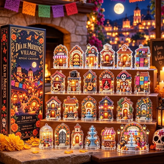 Day of the Dead Advent Calendar, 24 Day Village Countdown with Lighted Mini House Ornaments Folk Inspired Details Daily Surprises and Warm Glow, Tabletop Shelf Desktop Decor for Holiday Parties