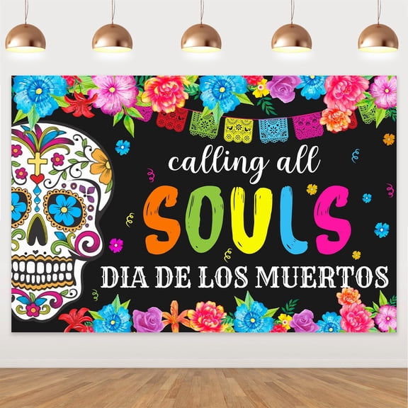 Day of the Dead Backdrop Mexican Fiesta Party Decorations Calling All Soul Dia De Los Muertos Sugar Skull Flower Black Photography Background for Day of the Dead Party Decor Supplies Photo Booth 5x3ft