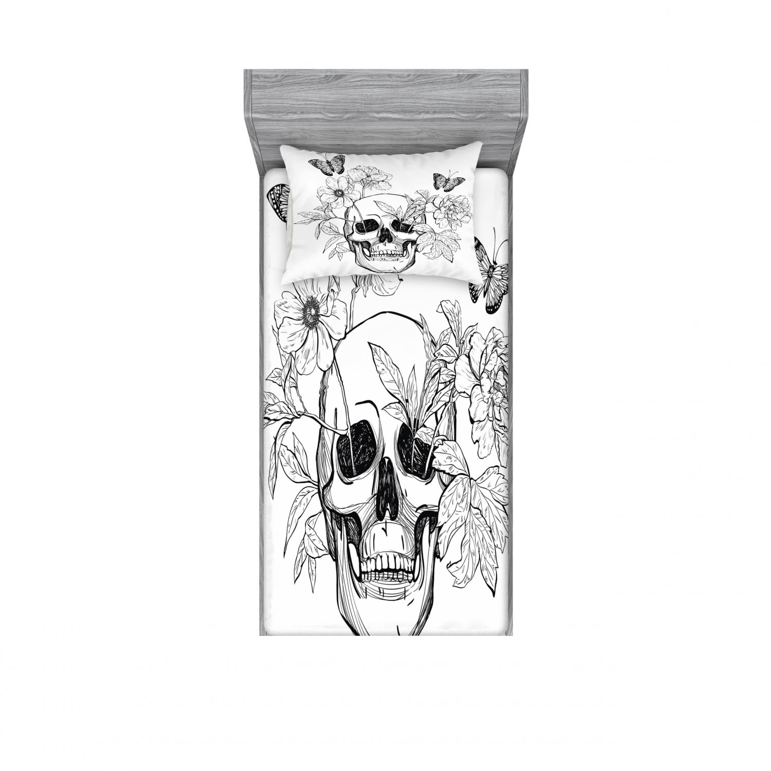 thumbnail image 1 of Day of the Dead Bedding Set with Sheet & Covers, Skull with Flower Blooms and Butterflies Vintage Gothic Design Print, Printed Bedroom Decor 2 Shams, 4 Sizes, Black and White, by Ambesonne, 1 of 3