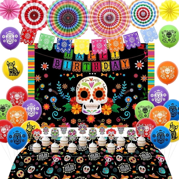 Day of the Dead Birthday Decorations, Dia De Los Muertos Balloons Sugar Skull Backdrop Tablecloth Cupcake Toppers Mexican Fiesta Banners Paper Fans for Halloween Day Of The Dead Party Supplies