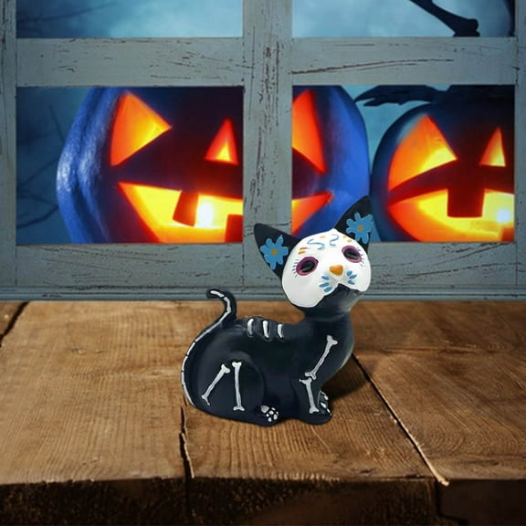 Day of The Dead Cat Statue, Halloween Cat Statue Sugar Skulls Animal Statue Resin Crafts, Day of The Dead Cat Statue Ornament Halloween Decoration (1PCS)