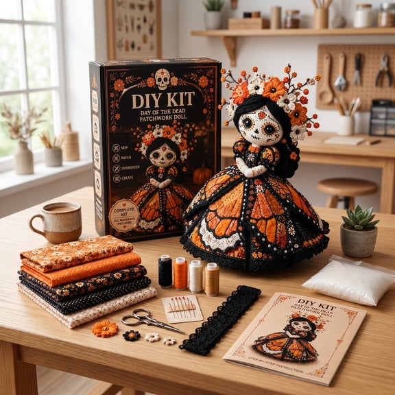 Day of the Dead Catrina Patchwork Doll DIY Sewing Kit for Adults, All Inclusive Fabric Stitching Craft Supplies, Vintage Mexican Sugar Skull Folk Art Doll, Fall Seasonal Handmade Decor Gift D