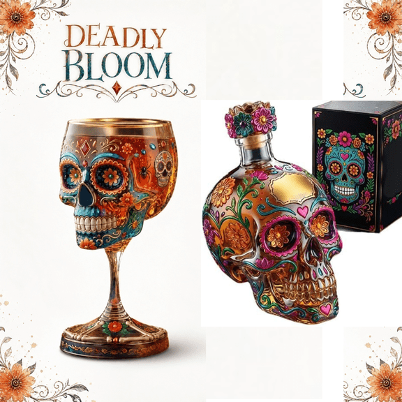 Day of the Dead Collector Goblet – Limited Edition Art Glass, Gothic Skull Wine Chalice, Handcrafted Floral Skeleton Goblet, Sugar Skull Glass for Home Decor Altar & Celebration Cup*Botlle