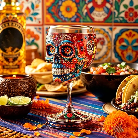 Day Of The Dead Collector Goblet Limited Edition Art Glass Skull Wine Cup With Colorful Floral Patterns For Home Bar Halloween Decor And Gothic Display