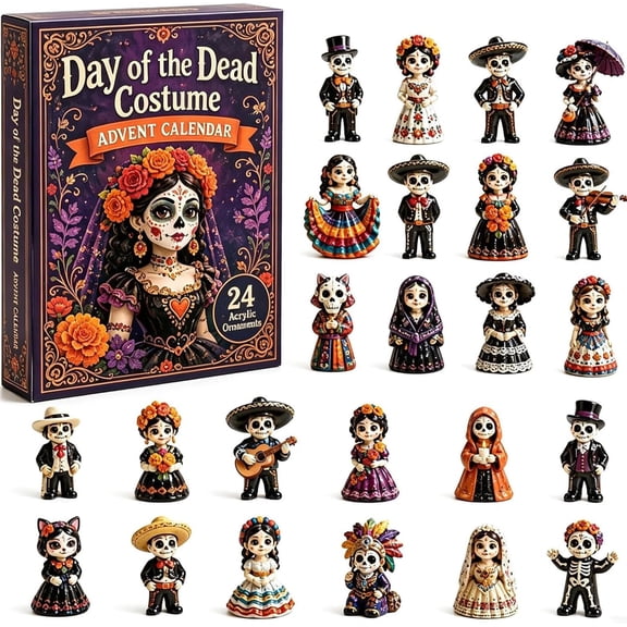 Day of the Dead Advent Calendar 2026, 24-Day Countdown with 24 Flat 2D Acrylic Skull Ornaments, Printed Skull and Skeleton Designs for Holiday Display