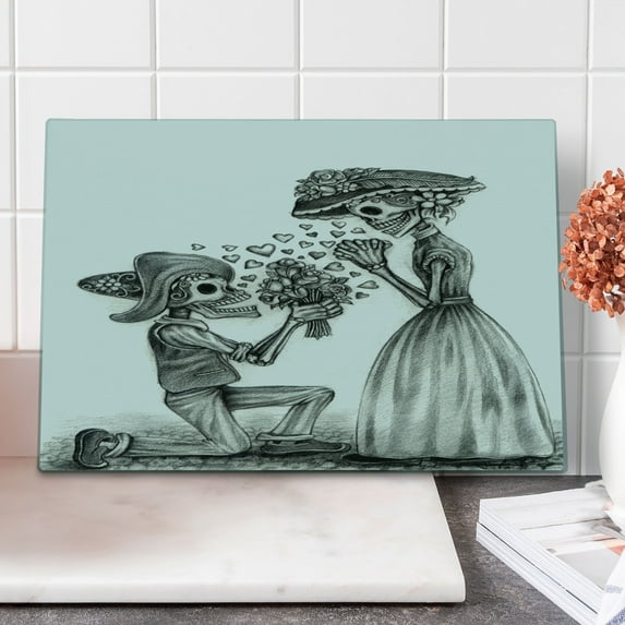Day of the Dead Cutting Board, Mariage Proposal Till Life Do Us Apart Dead Day Art Print, Decorative Tempered Glass Cutting and Serving Board, Large Size, Dimgrey and White, by Ambesonne