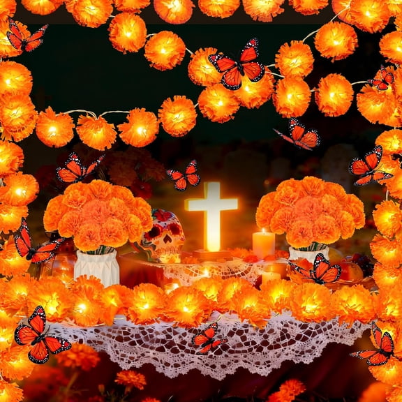 Day of The Dead Decor, Dia De Los Muertos Decorations Ofrenda Set, 10 Ft 20 LED Marigold Garland, 20 Artificial Marigold Flowers with Stem for Diwali Indian Altar Halloween Party