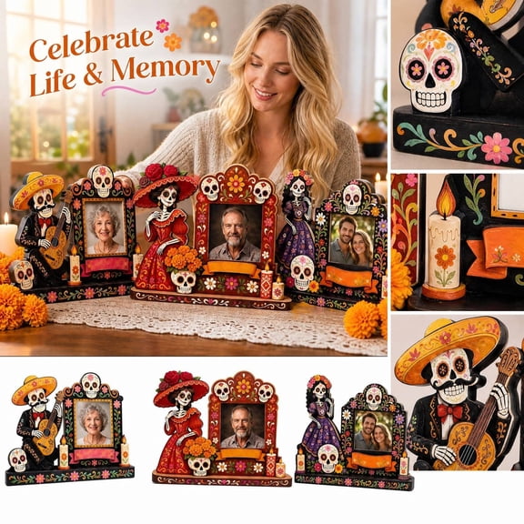 Day of The Dead Decorations 8 Inch Wooden Picture Frame Dia de Los Muertos Decor Indoor Halloween Table Decor for Ofrenda Altar Mexican Home Display, 1 Pack