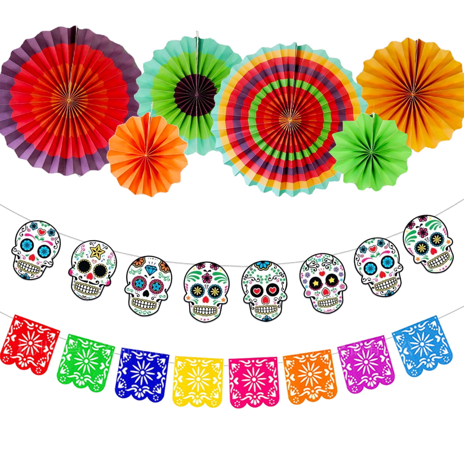 Day of the Dead Decor, Colorful Paper Fans, Sugar Skulls Banners