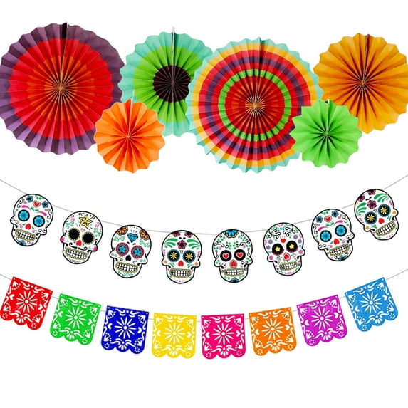 Day of the Dead Decorations Colorful Paper Fans Sugar Skulls Banners Garlands Mexican Carnival Party Supplies Dia De Los Muertos Indoor & Outdoor Decor