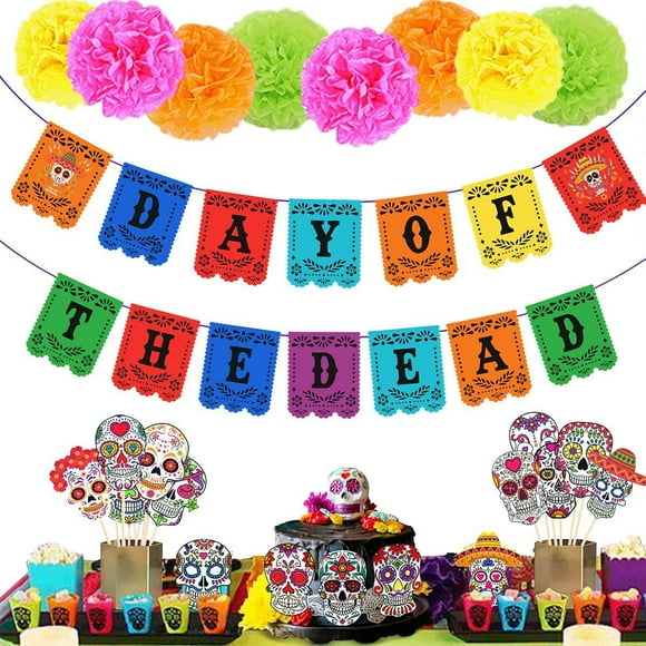 Day of the Dead Decorations, Dia De Los Muertos Party Decorations with Banner, 20 Pcs Day of the Dead Cutouts, 8 Pcs Paper Pom Poms, Halloween Sugar Skull Mexican Party Supplies