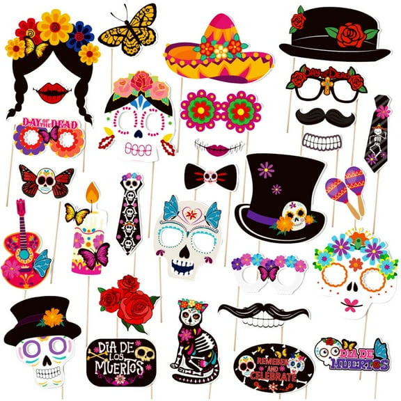 Day of the Dead Decorations Photo Props, 30pcs Halloween Party Decorations Dia De Los Muertos Floral Sugar Skull Pattern Selfie Photo Props Mexican Party Props Backdrops Supplies