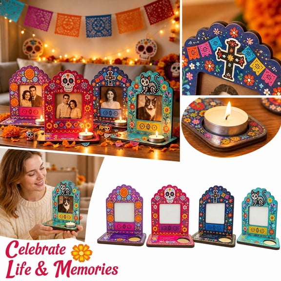 Day of The Dead Decorations Wooden Picture Frame 9 Inch Memorial Picture Frame Wall & Tabletop Picture Frames for Ofrenda Altar Mexican Altar de Muertos Display, 1 Pack