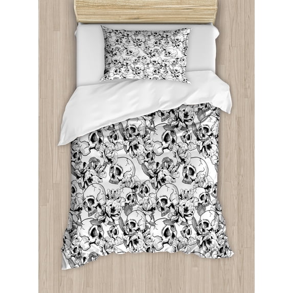Day of the Dead Duvet Cover Set, Celebration Mexican Spanish Sketch Dead Skulls Art Print, Decorative 2 Piece Bedding Set with 1 Pillow Shams, Twin Size, Black and White, by Ambesonne