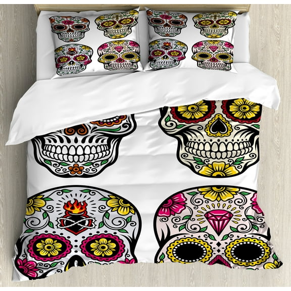 Day of the Dead Duvet Cover Set, Dia de Los Muertos Celebration Skull Art Image, Decorative 3 Piece Bedding Set with 2 Pillow Shams, Queen Size, Yellow White Black, by Ambesonne