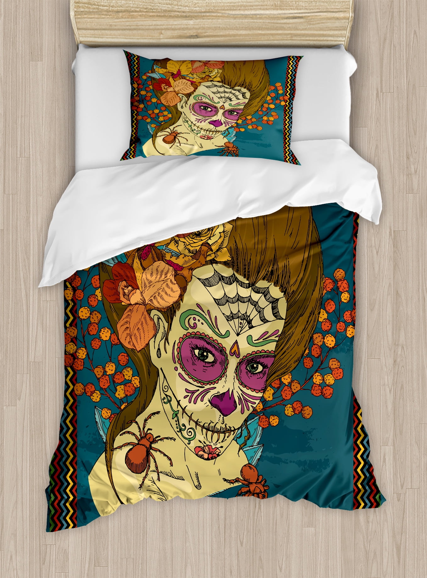 Twin Blue Microfiber Skull and Roses Duvet Cover Set
