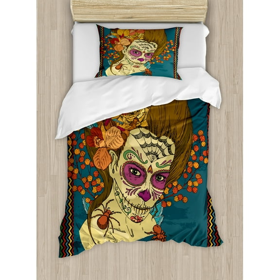 Day of the Dead Duvet Cover Set, Dia de Los Muertos Skull Girl with Roses Hearts Print, Decorative 2 Piece Bedding Set with 1 Pillow Shams, Twin Size, Petrol Blue Caramel, by Ambesonne