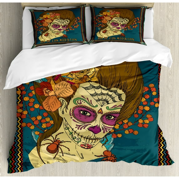 Day of the Dead Duvet Cover Set, Dia de Los Muertos Skull Girl with Roses Hearts Print, Decorative 3 Piece Bedding Set with 2 Pillow Shams, Calking Size, Petrol Blue Caramel, by Ambesonne