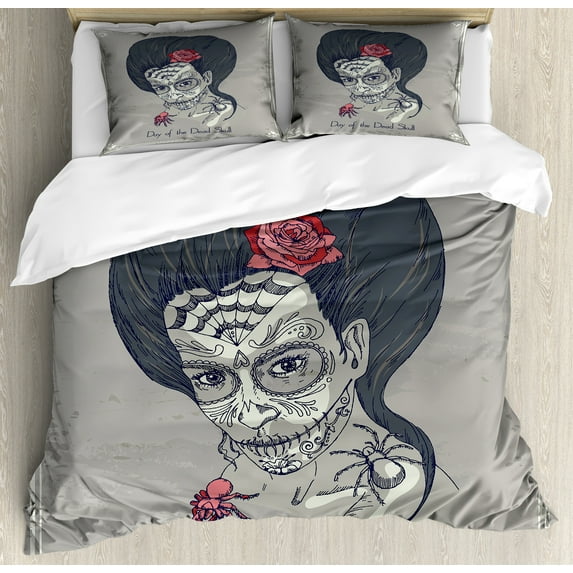 Day of the Dead Duvet Cover Set, Dia de Los Muertos Skull Girl with Roses Image Print, Decorative 3 Piece Bedding Set with 2 Pillow Shams, King Size, Charcoal Grey Dimgrey, by Ambesonne