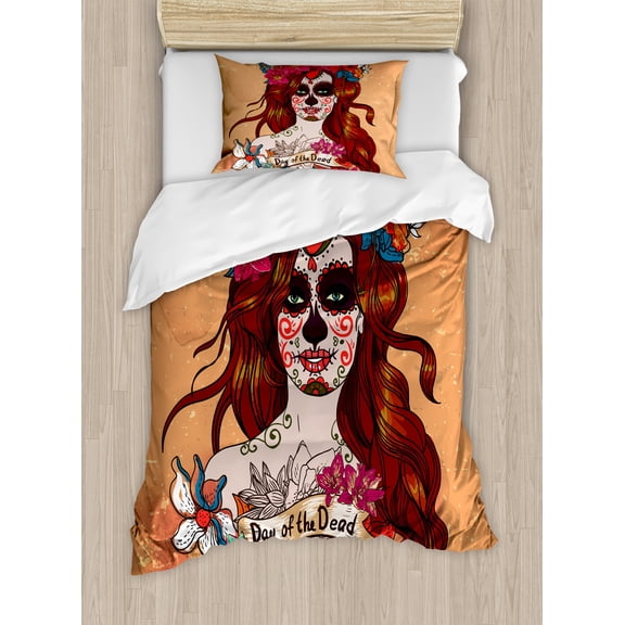 Day of the Dead Duvet Cover Set, Dia de Los Muertos Spanish Culture Mexican Skull Art, Decorative 2 Piece Bedding Set with 1 Pillow Shams, Twin Size, Cinnamon Magenta Maroon, by Ambesonne
