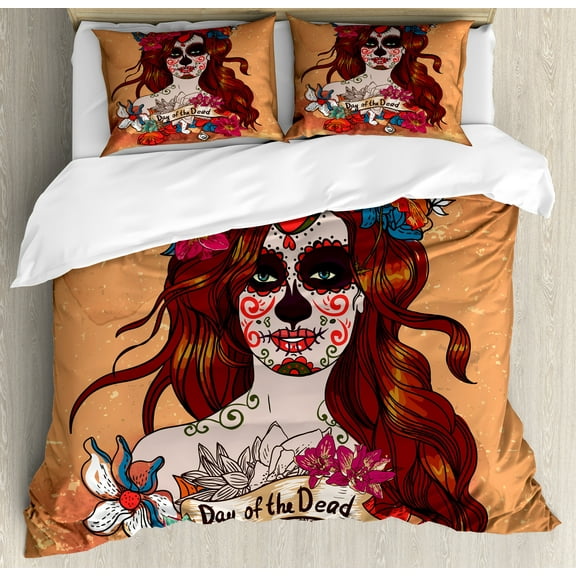 Day of the Dead Duvet Cover Set, Dia de Los Muertos Spanish Culture Mexican Skull Art, Decorative 3 Piece Bedding Set with 2 Pillow Shams, Queen Size, Cinnamon Magenta Maroon, by Ambesonne