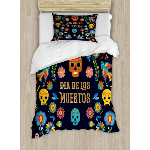 Day of the Dead Duvet Cover Set, Dia de los Muertos Illustration with Folkloric Skulls and Flowers, Decorative 2 Piece Bedding Set with 1 Pillow Shams, Twin Size, Indigo Multicolor, by Ambesonne