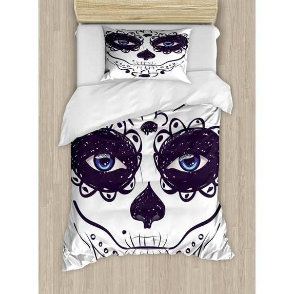 Day of the Dead Duvet Cover Set, Dia de los Muertos Sugar Skull Girl Face Make up Print, Decorative 2 Piece Bedding Set with 1 Pillow Shams, Twin Size, Black White and Blue, by Ambesonne