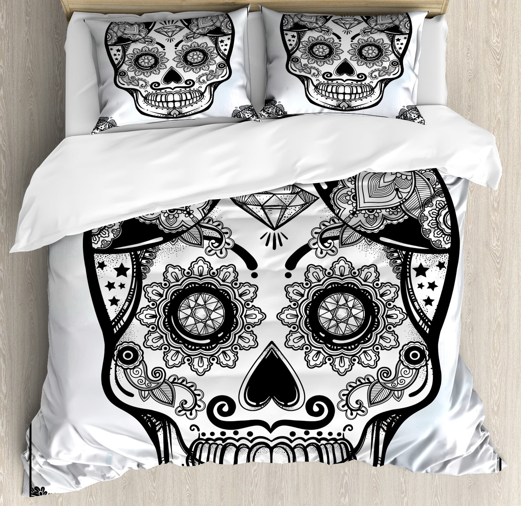 Day of the Dead Duvet Cover Set, Holiday Sugar Skull Print with Floral ...