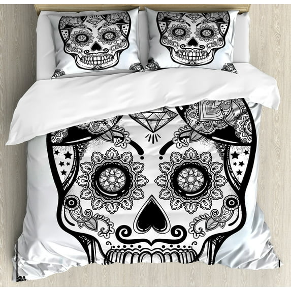 Day of the Dead Duvet Cover Set, Holiday Sugar Skull Print with Floral Mandala Spanish Folk Art, Decorative 3 Piece Bedding Set with 2 Pillow Shams, Queen Size, Black Pale Grey, by Ambesonne