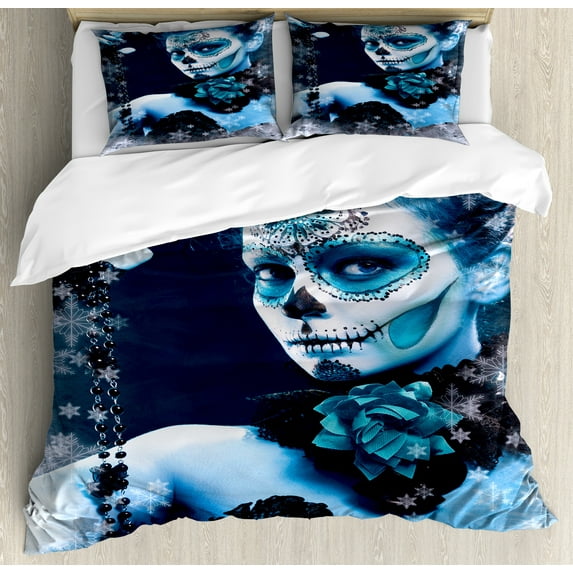 Day of the Dead Duvet Cover Set, Mexican Celebration with Roses Snowflakes Dead Art, Decorative 3 Piece Bedding Set with 2 Pillow Shams, Queen Size, Pale Grey and Pale Blue, by Ambesonne