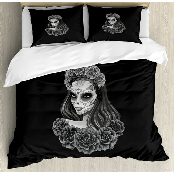 Day of the Dead Duvet Cover Set Queen Size, Gothic Young Girl in Calavera Make Up Hairstyle with Roses, Decorative 3 Piece Bedding Set with 2 Pillow Shams, Charcoal Grey Pale Grey, by Ambesonne