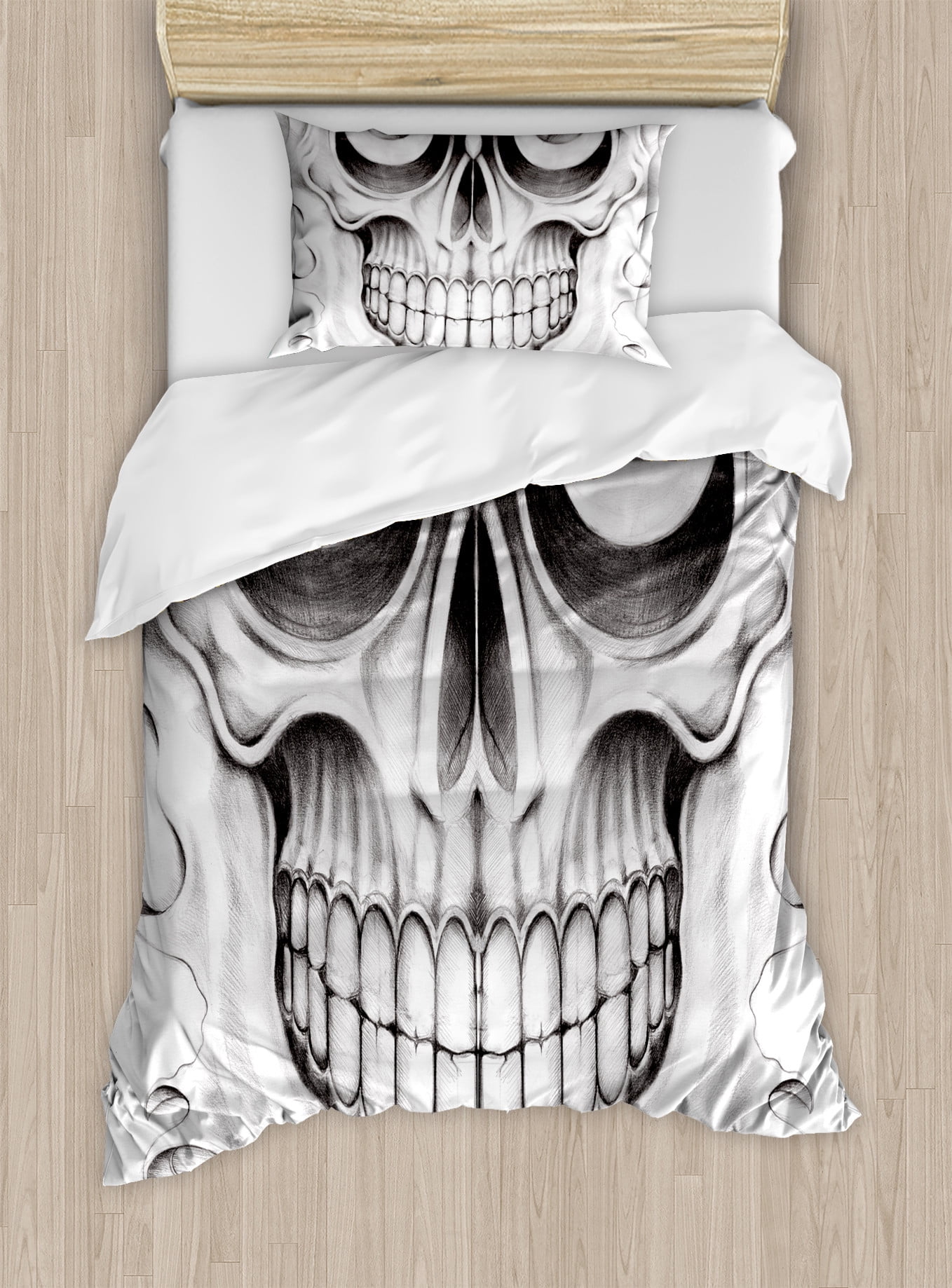 Twin Pale Grey White Skull Face Microfiber Duvet Cover Set
