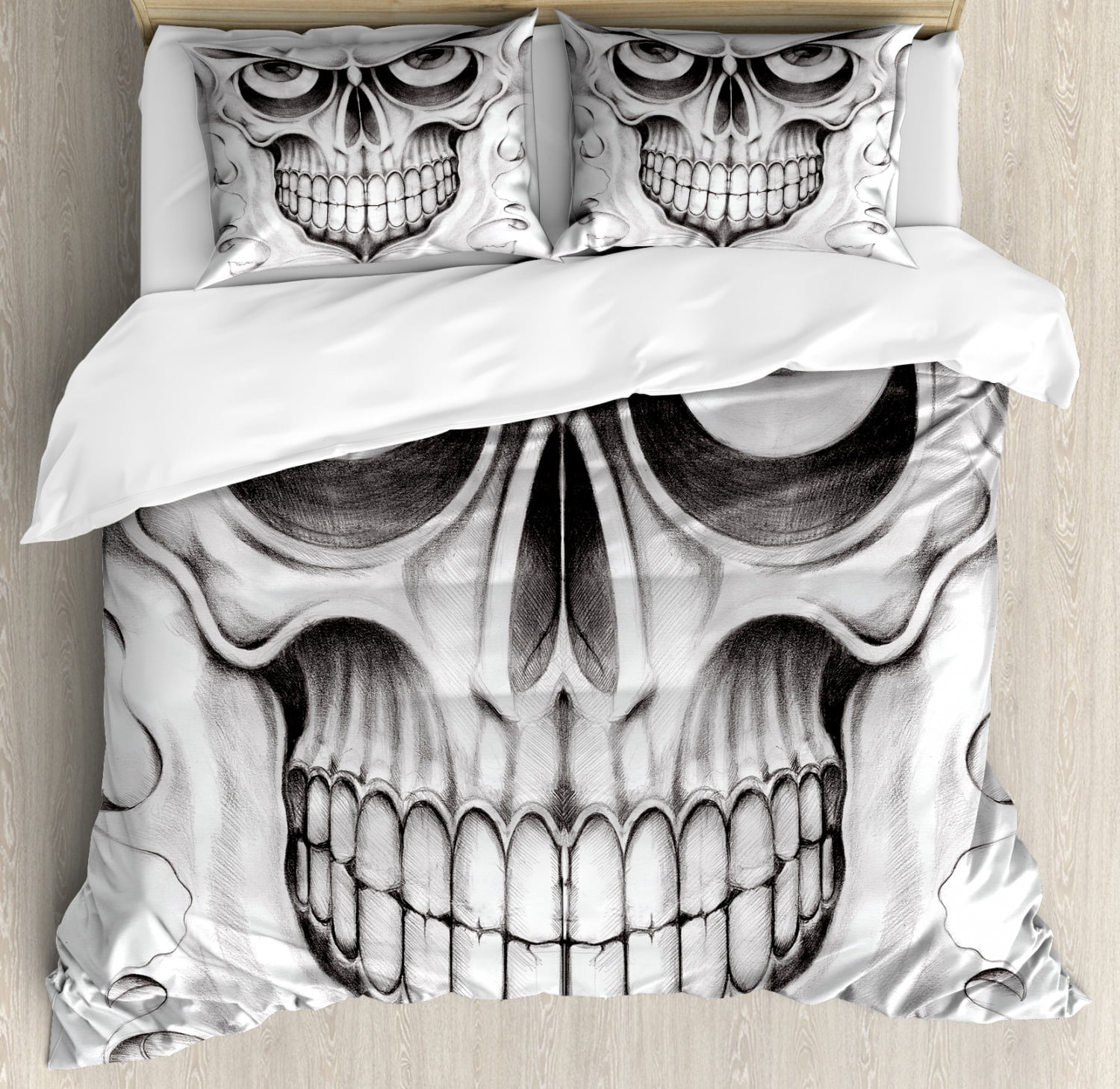 Pale Grey White Skull Art Queen Duvet Cover Set
