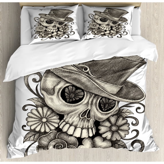 Day of the Dead Duvet Cover Set, Sketch of Mexican Spanish Celebration Skull Head Flowers, Decorative 3 Piece Bedding Set with 2 Pillow Shams, Queen Size, Dimgrey and White, by Ambesonne